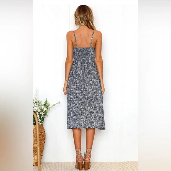 ANGASHION | Navy Blue and White Floral Spaghetti Buttoned Midi Sundress - Picture 3 of 11